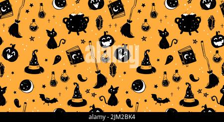 Niedliche handgezeichnete Halloween nahtlose Muster, bunte Doodle Hintergrund, ideal für Halloween-Banner, Tapeten, Textilien, Verpackung - Vektor-Design Stock Vektor