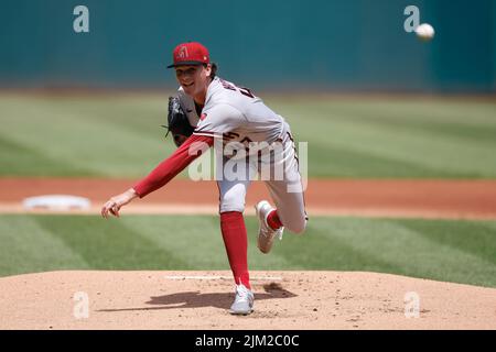 CLEVELAND, OH - 3. AUGUST: Arizona Diamondbacks Starting Pitcher Tommy Henry (47) spielt am 3. August 2022 im Progressive Field in Cleveland, Ohio, gegen die Cleveland Guardians. (Joe Robbins/Image of Sport) Stockfoto