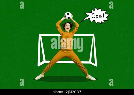 Kreative 3D Foto-Kunstwerk Grafik Malerei der lustigen funky Dame fangen Ball spielen Fußball isoliert Zeichnung Hintergrund Stockfoto