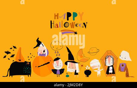 Cartoon Crazy Monsters Treffen Halloween auf gelbem Hintergrund Stock Vektor