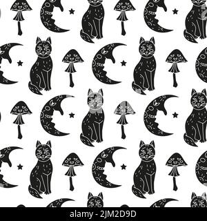 Halloween Nahtloses Muster mit niedlichen Cartoon-Katzen, Halbmonden und giftigen Pilzen auf weißem Hintergrund Stock Vektor