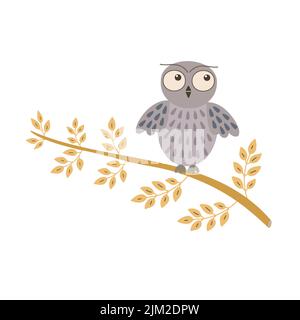 Niedliche Doodle Eule sitzt auf Baum Zweig, einfache flache Stil handgezeichnete Cartoon-Vektor Wald Vogel Illustration, Märchenfigur, Herbst saisonal Bild für Poster, Grußkarte Stock Vektor