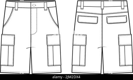 Cargo Shorts flach Technische Zeichnung Illustration Klassische unbeschriftete Streetwear Mock-Up Vorlage für Design und Tech Packs CAD Outdoor Stock Vektor