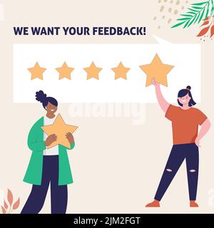 Frau gibt Bewertung und Feedback. Kundenauswahl und Mitarbeiterfeedback. Bewertung Sterne Feedback einstufen. Unterstützung der Geschäftszufriedenheit. Stock Vektor
