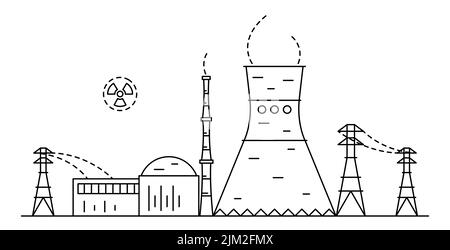 Atom- oder Atomkraftwerk, das im Stil der Linienkunst zeichnet. Stock Vektor