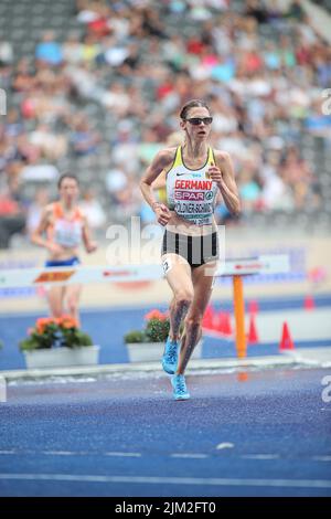 Antje Möldner-Schmidt bei den 3000m Hürden der Leichtathletik-Europameisterschaften in Berlin 2018. Stockfoto