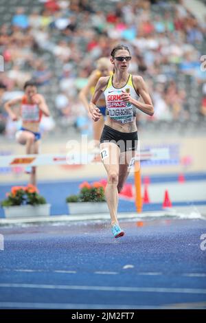 Antje Möldner-Schmidt bei den 3000m Hürden der Leichtathletik-Europameisterschaften in Berlin 2018. Stockfoto