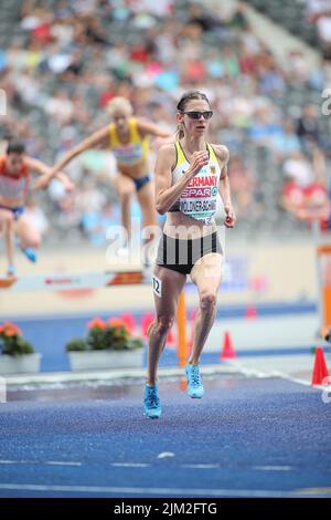 Antje Möldner-Schmidt bei den 3000m Hürden der Leichtathletik-Europameisterschaften in Berlin 2018. Stockfoto