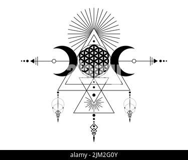 Triple Goddess and Flower of Life, Heilige Geometrie, Tribal Triangles, Mondphasen im Shaman Boho Stil. Tattoo, Astrologie, Alchemie und magische Symbole. Stock Vektor