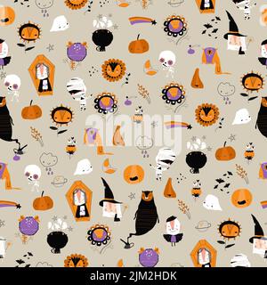 Nahtloses Muster mit verschiedenen Halloween Elementen und Charakteren Stock Vektor