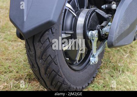 Gummiräder, die an einen bürstenlosen Motor eines Elektrofahrzeugs angeschlossen sind, mit Rückansicht des Fahrzeugs, das auf einem Rasen steht Stockfoto