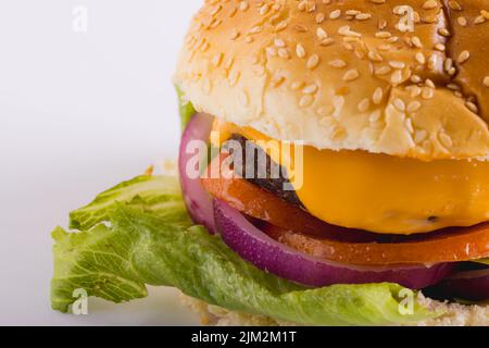 Nahaufnahme eines frischen Burgers auf weißem Hintergrund mit Platz zum Kopieren Stockfoto