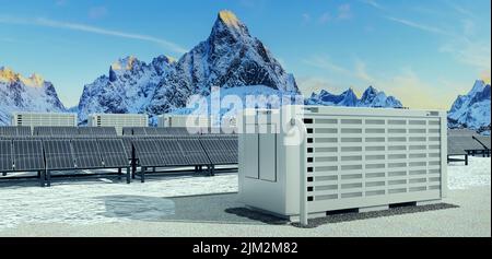 Ein modernes Solarfeld mit Batteriespeicher in der wilden Natur, Abbildung 3D Stockfoto