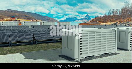 Ein modernes Solarfeld mit Batteriespeicher in der wilden Natur, Abbildung 3D Stockfoto