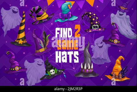 Halloween Kinder Spiel, Finden Sie zwei gleiche Hexe und Zauberer Hüte, Vektor-Arbeitsblatt Rätsel. Kids Logik Puzzle Brainteaser oder Rätsel-Spiel zu entsprechen und finden simi Stock Vektor