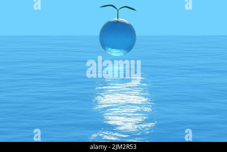 3DCG Zimmerpflanzen und das Meer, ein Bild des Umweltschutzes für die SDGs Stockfoto