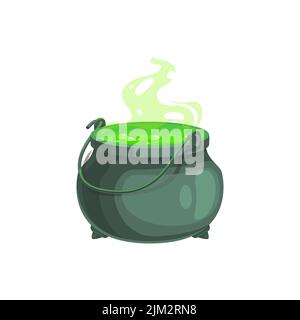 Hexenkessel, Halloween Zaubertopf mit grünem Trank. Vector Stahlkessel mit kochendem magischem Gebräu oder dampfendem Goo. Isoliertes böses Element für Zauberer, oder Stock Vektor