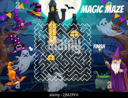 Halloween Labyrinth Labyrinth Labyrinth Spiel, Hexenhut, dunkle Burg und Zauberer, Vektor Kinder Puzzle Arbeitsblatt. Labyrinth Labyrinth Labyrinth Rätsel Weg zu finden für lustige gruselige gho Stock Vektor