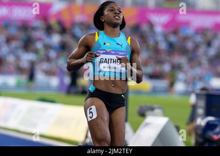 3.. August 2022; Alexander Stadium, Birmingham, Midlands, England: Tag 6 der Commonwealth Games 2022:Tynia Gaither (BAH) tritt im Halbfinale der Frauen 100m 3 an Stockfoto