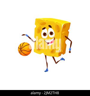 Cartoon Stück Käse Persönlichkeit Basketball spielen, Vektor-Lebensmittel auf Sport. Lustige Käse Klumpen spielen Basketball-Ball, lustige Charakter Maskottchen für Kinder Sport-Team oder Käse Snacks Paket Stock Vektor