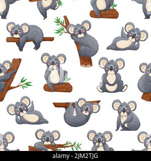 Cartoon lustige Koala Bär Zeichen nahtlose Muster, Vektor-Hintergrund. Niedliche Koala Bär schlafen oder sitzen auf Eukalyptus-Baum und essen Blätter, fröhlich glücklich lächelnd Koala für Kinder Muster Stock Vektor