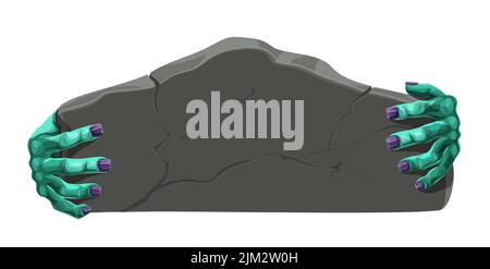 Halloween Steinbanner mit Zombie-Händen. Cartoon Vektor-Design mit Monster Palmen halten Stück Stein. Gruselige tote Figur grüne Finger mit lila Krallen halten Stück Grab oder Grabstein Stock Vektor