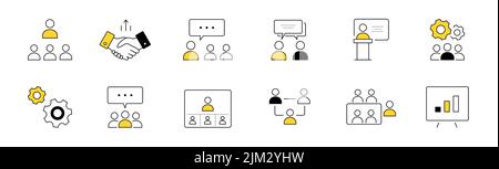 Symbole für Geschäftstreffen und Kommunikationskritzel sind eingestellt. Vektorlinie Kunst Illustration von Partner Handshake, Teamarbeit im Unternehmen, Personalschulung, Projektpräsentation, Brainstorming, Diskussionssymbole Stock Vektor