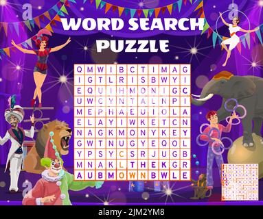Zeichentrickakrobaten, Darsteller und Tiere auf der Zirkusbühne. Wortsuche Puzzle-Spiel Arbeitsblatt, Kinder Quiz Raster. Vektor-Equilibrist, Magier, Elefant, Löwe, Turner, Affe, Clown, Jongleur Aufgabe Stock Vektor