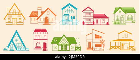 Haus vorne flache Linie Doodle Set. Bunte Fassade Dorf oder Stadt, kleine und kleine Häuser. Kontur Moderne oder Vintage gemütliche Gebäude Symbol. Wohn-Gehöft, Ferienhaus oder Villa Fassaden Wohnung Stock Vektor