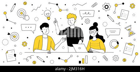 Geschäftsleute Teamarbeit, Treffen Doodle Konzept. Das Team der Kollegen entwickelt Ideen und arbeitet gemeinsam an kreativen Lösungen mit Infografik-Symbolen. Brainstorming in Office Line Art Vektorgrafik Stock Vektor