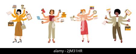 Diverse Geschäftsfrauen mit vielen Händen, die Telefon, Laptop, Papiere, Taschen und Kaffee halten. Vektor flache Illustration von Multitasking-Frauen, Führungskräfte oder Manager Stock Vektor