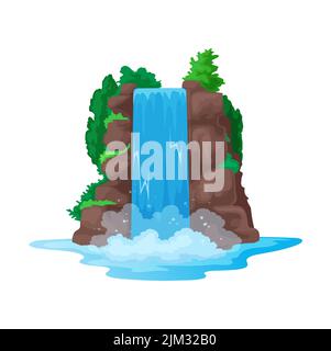 Landschaft von Cartoon Wasserfall, Vektor fallendes Wasser von der Klippe. Vector Wasserfall Kaskade Landschaft, Spiel Asset Landschaft, Küstenlandschaft, Wildbach spritzt Stock Vektor