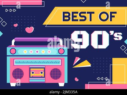 90s Retro Party Cartoon Hintergrundillustration mit Neunzigern Musik, Sneakers, Radio, Dance Time und Kassette im trendigen Flat Style Design Stock Vektor