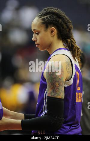 **DATEI FOTO** Brittney Griner wegen Drogenanklagen vor russischen Gerichten für schuldig befunden. WASHINGTON, DC - 27. JUNI: Brittney Griner während eines Spiels gegen Washington Mystics der WNBA, wo ihr Team, der Phoenix Mercury, 101:97 gewann. 27. Juni 2013. Kredit: mpi34/MediaPunch Inc. Stockfoto