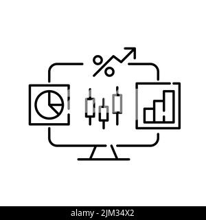 Aktienhandelsplattform mit Candlestick- und Tortendiagrammen. Pixel-perfektes, bearbeitbares Strichsymbol Stock Vektor