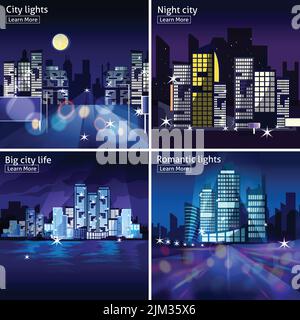 Vier Symbole mit nächtlichen Stadtlandschaften und Lichter in modernen Darstellung isolierter Vektorgrafiken Stock Vektor