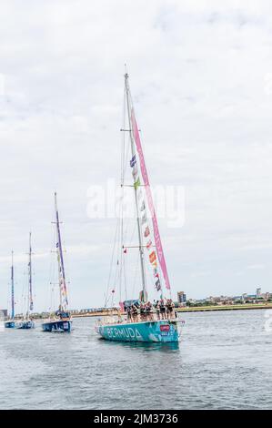 Die Veranstaltung des Clipper Round the World Yacht Race endet am Royal Albert Dock am East Ham Stockfoto