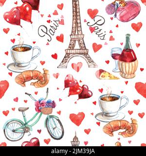 Paris romantische Liebe Kultur lesen Herz Symbole nahtlose dekorative Souvenir Wrap Papier Muster Aquarell abstrakten Vektor Illustration Stock Vektor