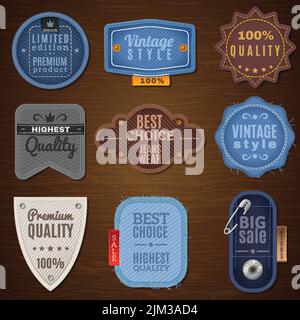 Vintage Denim Label Ikonen auf Holz Hintergrund mit verschiedenen Formen vektorgrafik Stock Vektor
