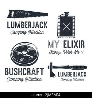 Vintage Camping Silhouette Badges mit Zitaten. Holzfäller Camp Collection Reisen Monochrom Embleme. Set Mit Wanderlogo-Designs. Stock-Vektorgrafiken Stock Vektor