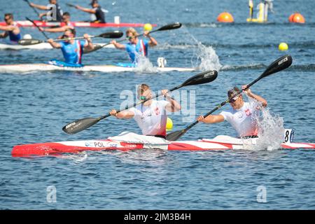 Dartmouth, Kanada. 4.. August 2022. Filip WECKWERT und Wiktor LESZCZYNSKI aus Polen im Qualifying Heat beim WM-Rennen der Männer K2 1000m auf dem Weg zu einem zweiten Platz hinter dem ungarischen Paar. Sie bewegen sich jetzt direkt in das Finale später in dieser Woche. Die ICF Kanurennsport- und Paracanoe-Weltmeisterschaft 2022 findet am Lake Banook in Dartmouth (Halifax) statt. Kredit: Meanderingemu/Alamy Live Nachrichten Stockfoto