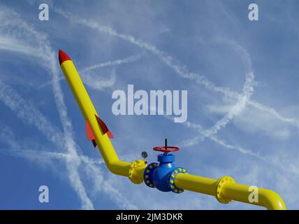 Krise, aus Gasleitungen Waffen werden, das Konzept einer Bedrohung der europäischen Energiesicherheit, 3D Illustration vor dem Hintergrund des Himmels Stockfoto