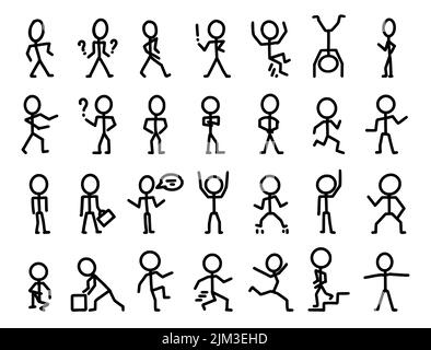 Strichkunst gezeichnete Strichmännchen. Cartoon-Symbol Satz von Skizze Menschen in verschiedenen Posen. Doodle Konzept niedlichen Miniatur-Szenen. Handgezeichnete Vektorgrafik Stock Vektor