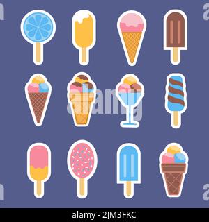 Cremiges Eis in Schokoladenglasur Sticker Pack Icon, flaches Design Vektor Illustration Set von Sticker-Icons auf dunkelblauem Hintergrund Stock Vektor