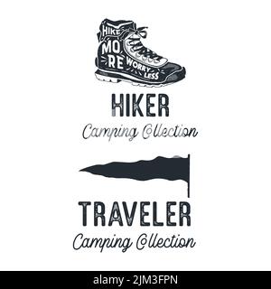 Vintage Camping Silhouette Badges mit Zitaten Hiker Outdoor Collection. Monochrome Reisembleme. Set Mit Wanderlogo-Designs. Stock-Vektorgrafiken Stock Vektor
