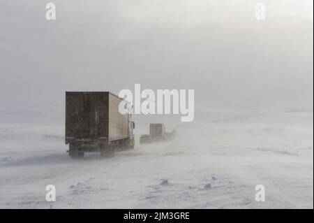 Im Winter folgt eine Reihe von Lastwagen einem Schneefräsen auf dem kanadischen Dempster Highway Stockfoto