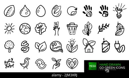 Handgezeichnete natürliche GO Green Doodle Symbole. Vector eco Natur Icon Kollektion, Zeichnung Illustration Stock Vektor