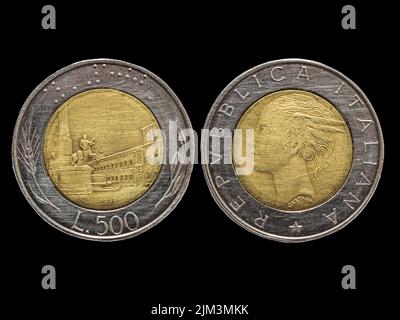 Alte italienische Lira-Münze auf Vorder- und Rückseite. Alte italienische Währung Stockfoto
