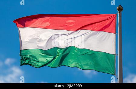 Die ungarische Flagge flattert im Wind, Nahaufnahme Stockfoto