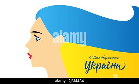 Glücklicher ukrainischer Nationalfeiertag mit schöner ukrainischer Frau. Ukraine Independence Day - ukrainischer Text, Grußkarte. Vektorgrafik Stock Vektor